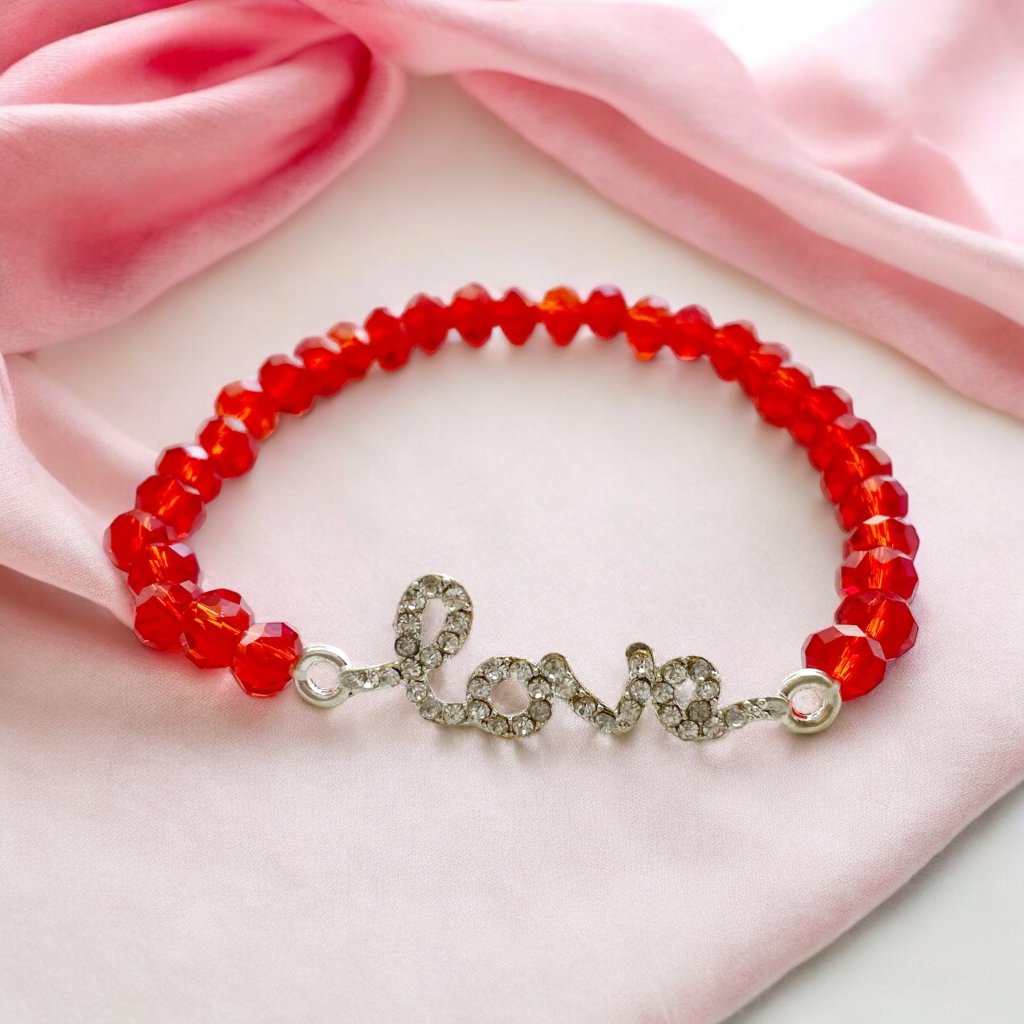 Handmade Red Crystal Beaded Silver Love Bracelet